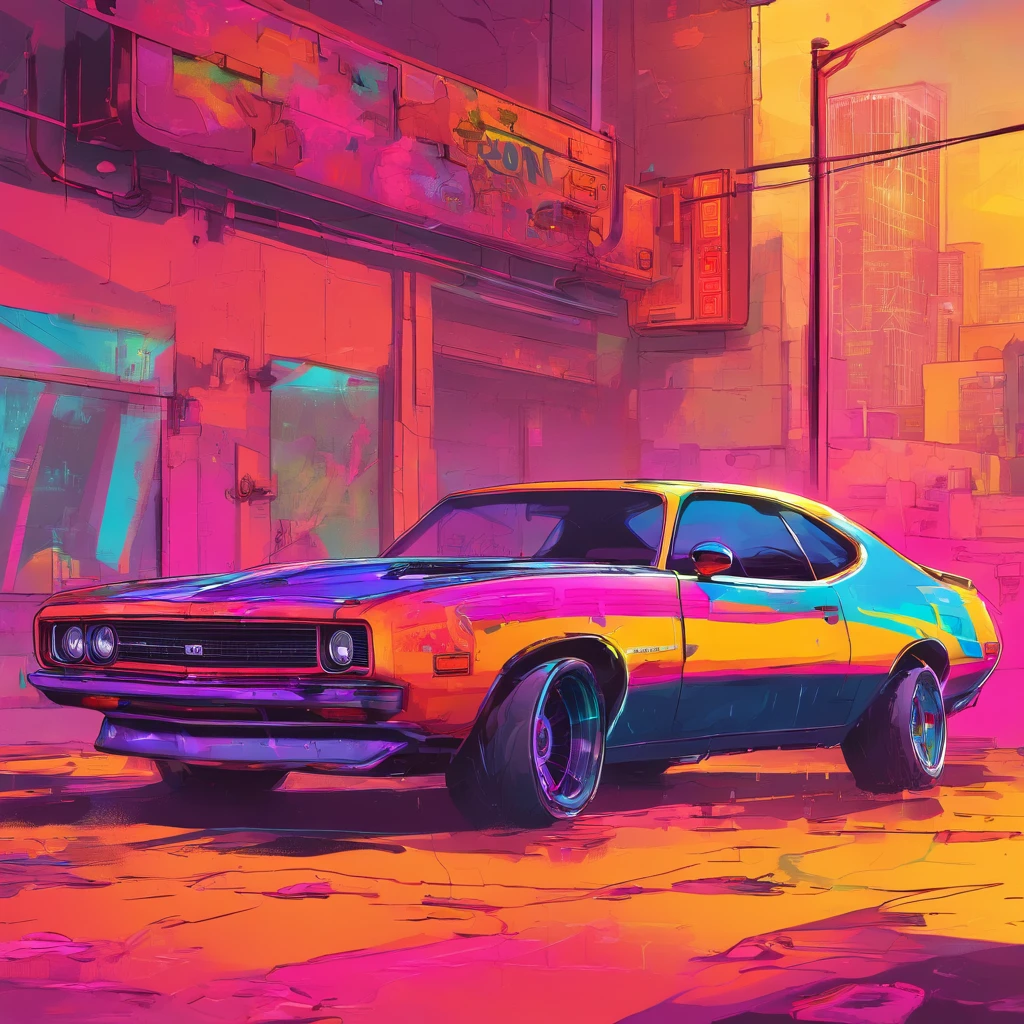 colorful muscle car, greyed out dystopian city, blowing colors out of its tailpipe, give color back to the city, illustration, ultra-detailed, realistic, vibrant colors, studio lighting, urban landscape, high-res, HDR, dynamic lighting, smoke, smog, abandoned buildings, graffiti, cyberpunk aesthetics, neon lights, futuristic technology, rain-soaked streets, shadows, reflection, speed, motion blur, intensity, urban decay, steel, concrete, asphalt, darkness, contrast, heat haze, shining surfaces