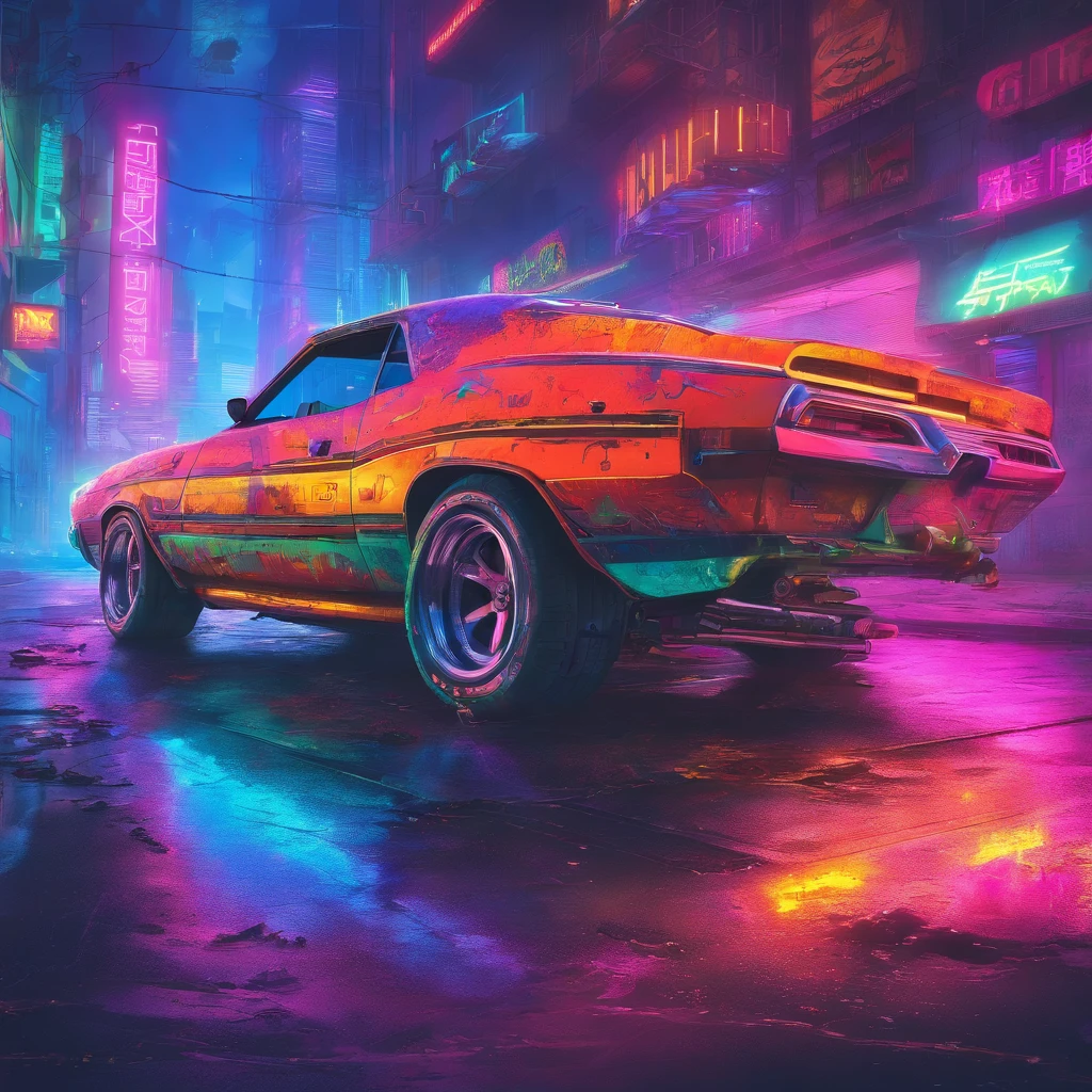 colorful muscle car, greyed out dystopian city, blowing colors out of its tailpipe, give color back to the city, illustration, ultra-detailed, realistic, vibrant colors, studio lighting, urban landscape, high-res, HDR, dynamic lighting, smoke, smog, abandoned buildings, graffiti, cyberpunk aesthetics, neon lights, futuristic technology, rain-soaked streets, shadows, reflection, speed, motion blur, intensity, urban decay, steel, concrete, asphalt, darkness, contrast, heat haze, shining surfaces