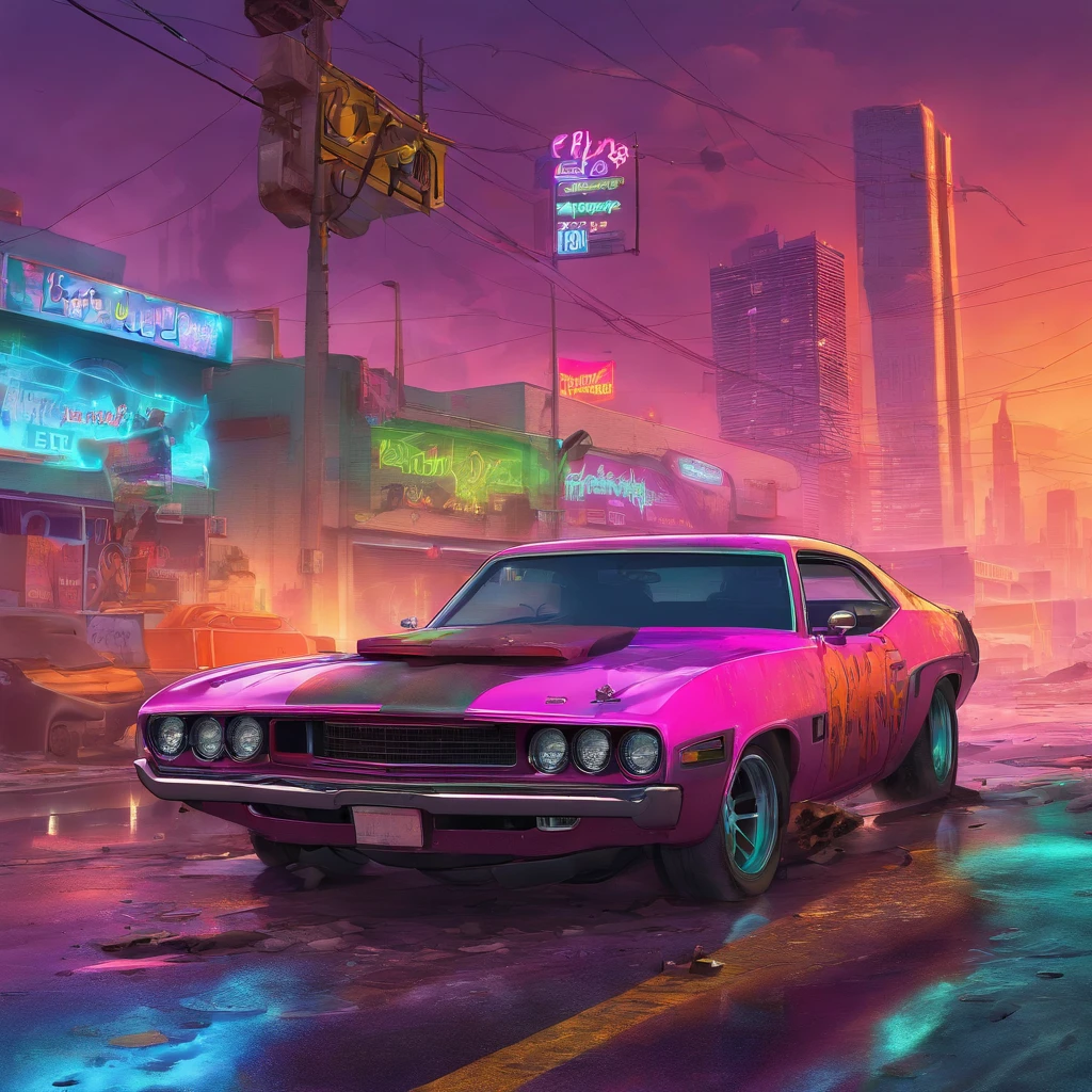 colorful muscle car, greyed out dystopian city, blowing colors out of its tailpipe, give color back to the city, illustration, ultra-detailed, realistic, vibrant colors, studio lighting, urban landscape, high-res, HDR, dynamic lighting, smoke, smog, abandoned buildings, graffiti, cyberpunk aesthetics, neon lights, futuristic technology, rain-soaked streets, shadows, reflection, speed, motion blur, intensity, urban decay, steel, concrete, asphalt, darkness, contrast, heat haze, shining surfaces