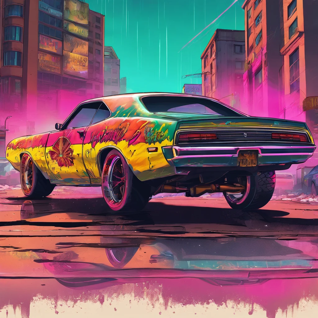 colorful muscle car, greyed out dystopian city, blowing colors out of its tailpipe, give color back to the city, illustration, ultra-detailed, realistic, vibrant colors, studio lighting, urban landscape, high-res, HDR, dynamic lighting, smoke, smog, abandoned buildings, graffiti, cyberpunk aesthetics, neon lights, futuristic technology, rain-soaked streets, shadows, reflection, speed, motion blur, intensity, urban decay, steel, concrete, asphalt, darkness, contrast, heat haze, shining surfaces