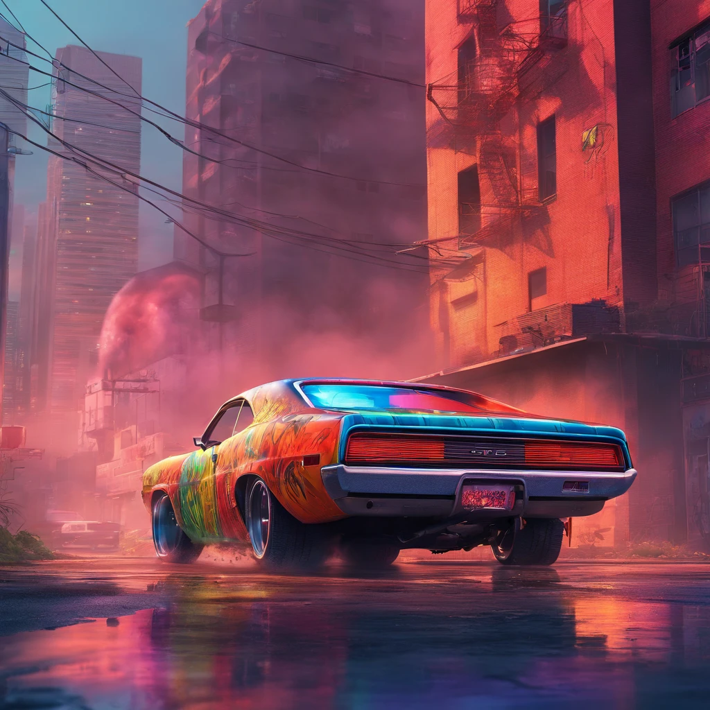 colorful muscle car, greyed out dystopian city, blowing colors out of its tailpipe, give color back to the city, illustration, ultra-detailed, realistic, vibrant colors, studio lighting, urban landscape, high-res, HDR, dynamic lighting, smoke, smog, abandoned buildings, graffiti, cyberpunk aesthetics, neon lights, futuristic technology, rain-soaked streets, shadows, reflection, speed, motion blur, intensity, urban decay, steel, concrete, asphalt, darkness, contrast, heat haze, shining surfaces