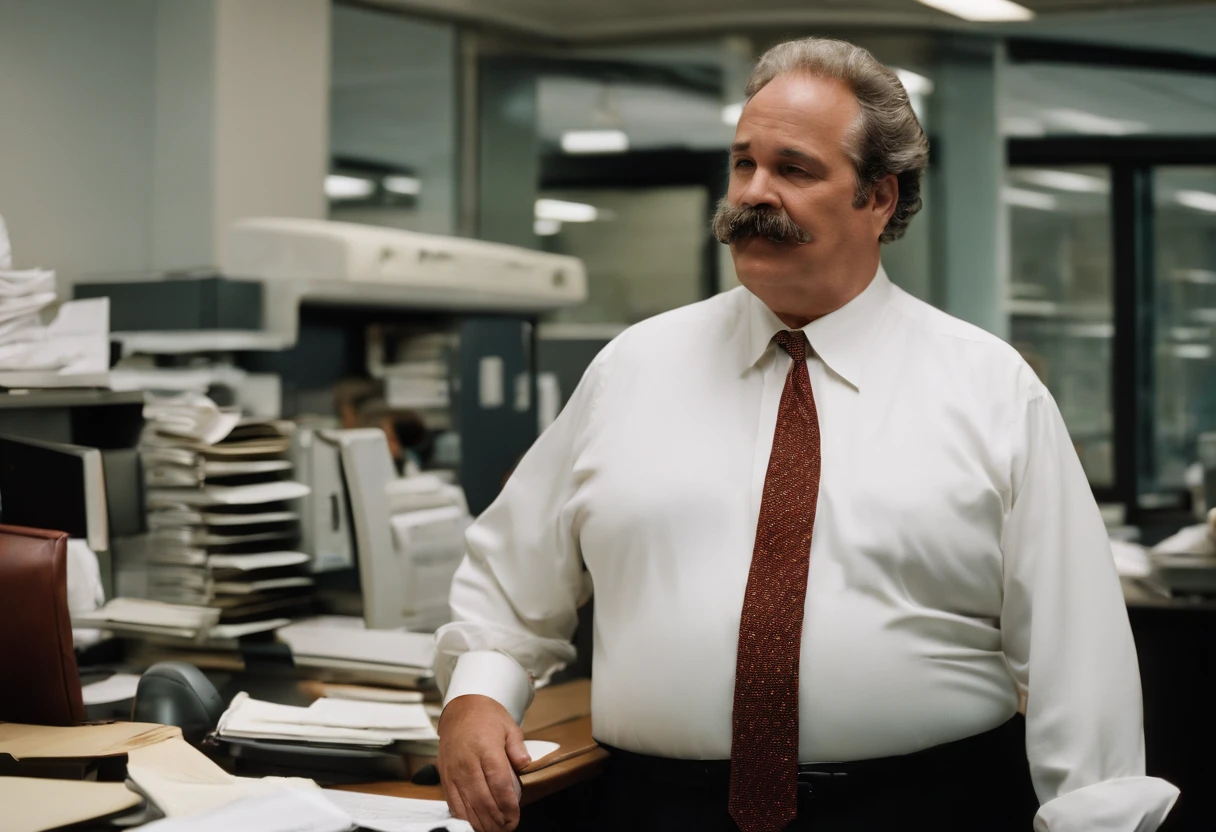 big fat man, 56 year old, balding, white dress shirt, mustache, tie, rolled up sleeves, bulging stomach, busy news office, new york city, Photojournalism, 35mm, Depth of Field, Materiality