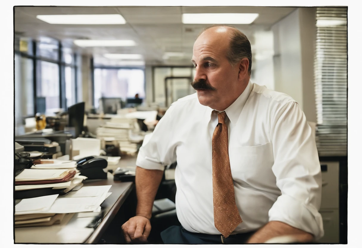 big fat man, 56 year old, balding, white dress shirt, mustache, tie, rolled up sleeves, bulging stomach, busy news office, new york city, Photojournalism, 35mm, Depth of Field, Materiality