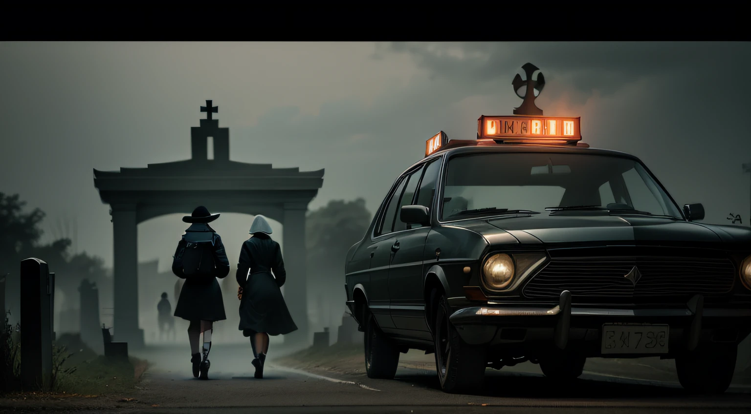 One lady walking towards the cemetery gate