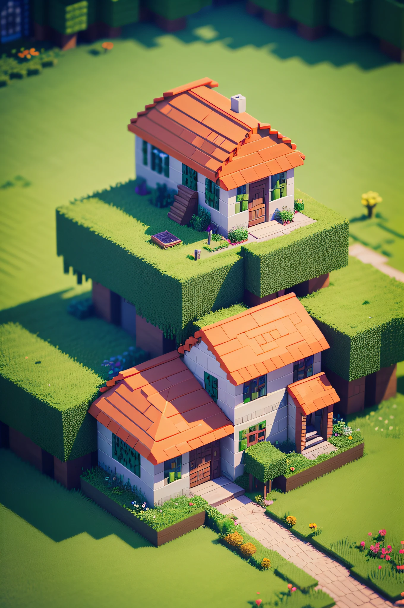 A girl constructing a house in Minecraft, detailed brickwork, colorful pixel art, beautifully textured blocks, lush green grass, vibrant flowers, natural sunlight, realistic shadows, high resolution for a masterpiece:1.2, vivid colors, intricate details, 3D rendering, immersive gaming experience, atmospheric lighting, enchanting ambiance.