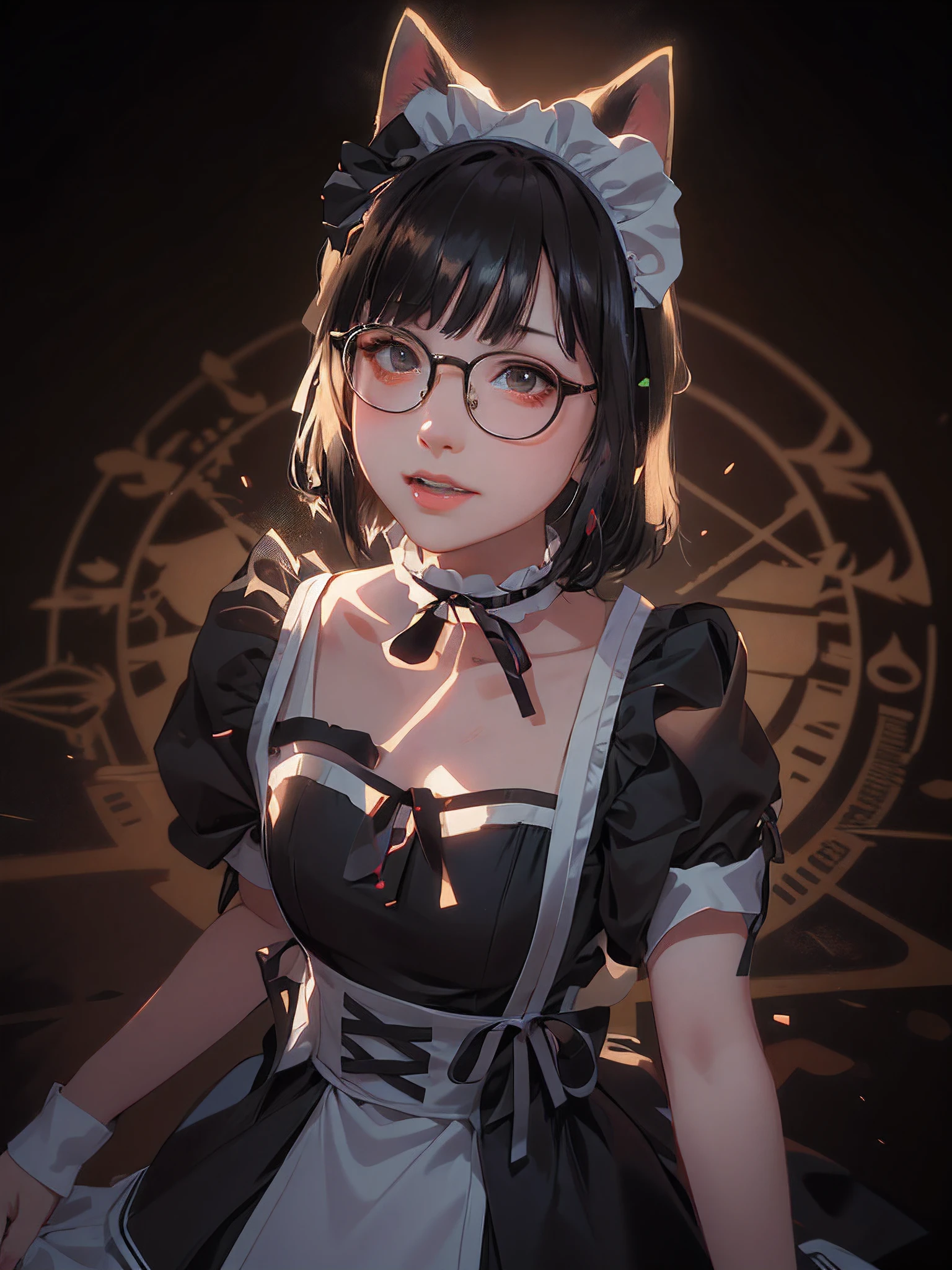 (masterpiece, best quality, ultra-detailed, best shadow), (detailed background,dark fantasy), (beautiful detailed face), high contrast, (best illumination, an extremely delicate and beautiful), ((cinematic light)), colorful, hyper detail, dramatic light, intricate details, (1 girl, solo,black hair, sharp face,brown eyes, eyes,dynamic angle), blood splatter, swirling black light around the character, depth of field,black light particles,(broken glass),magic circle, there is a woman wearing a cat costume and glasses, anime girl in a maid costume, maid outfit, maid! dress, maid dress, gorgeous maid, japanese maid cafe, maid costume, wearing maid uniform, anime girl cosplay, anime cat girl in a maid costume, belle delphine, loli, cosplay, maid, anime cosplay