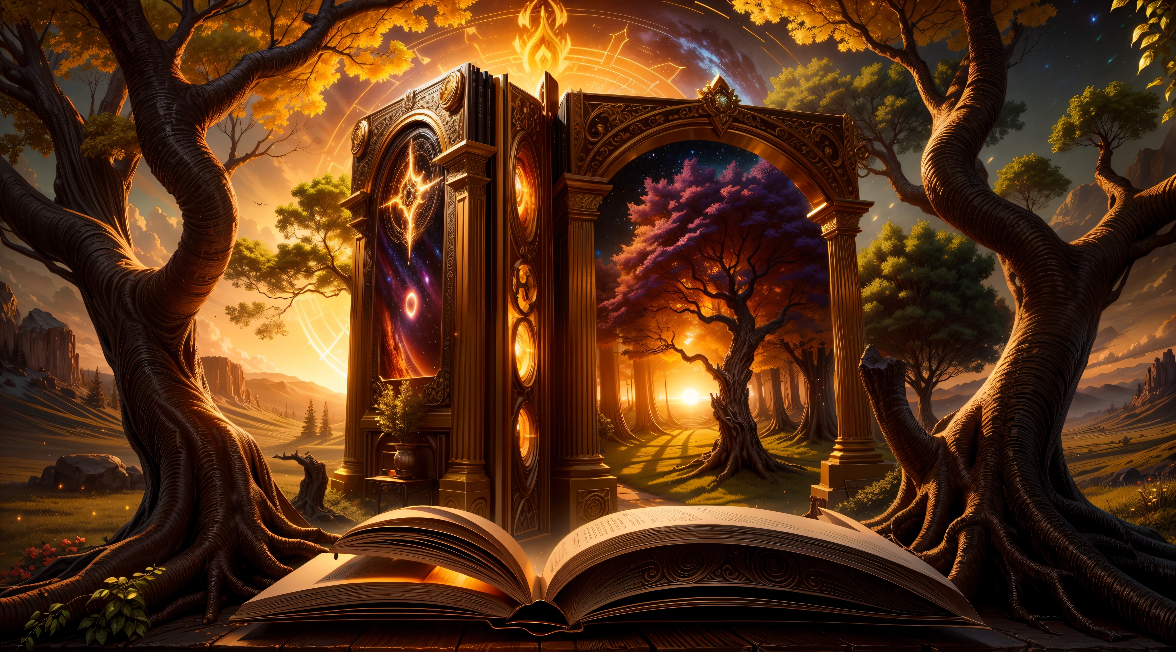 Chronos Portal, tree, galaxy, reading golden ornate book, evening, glow, sunset