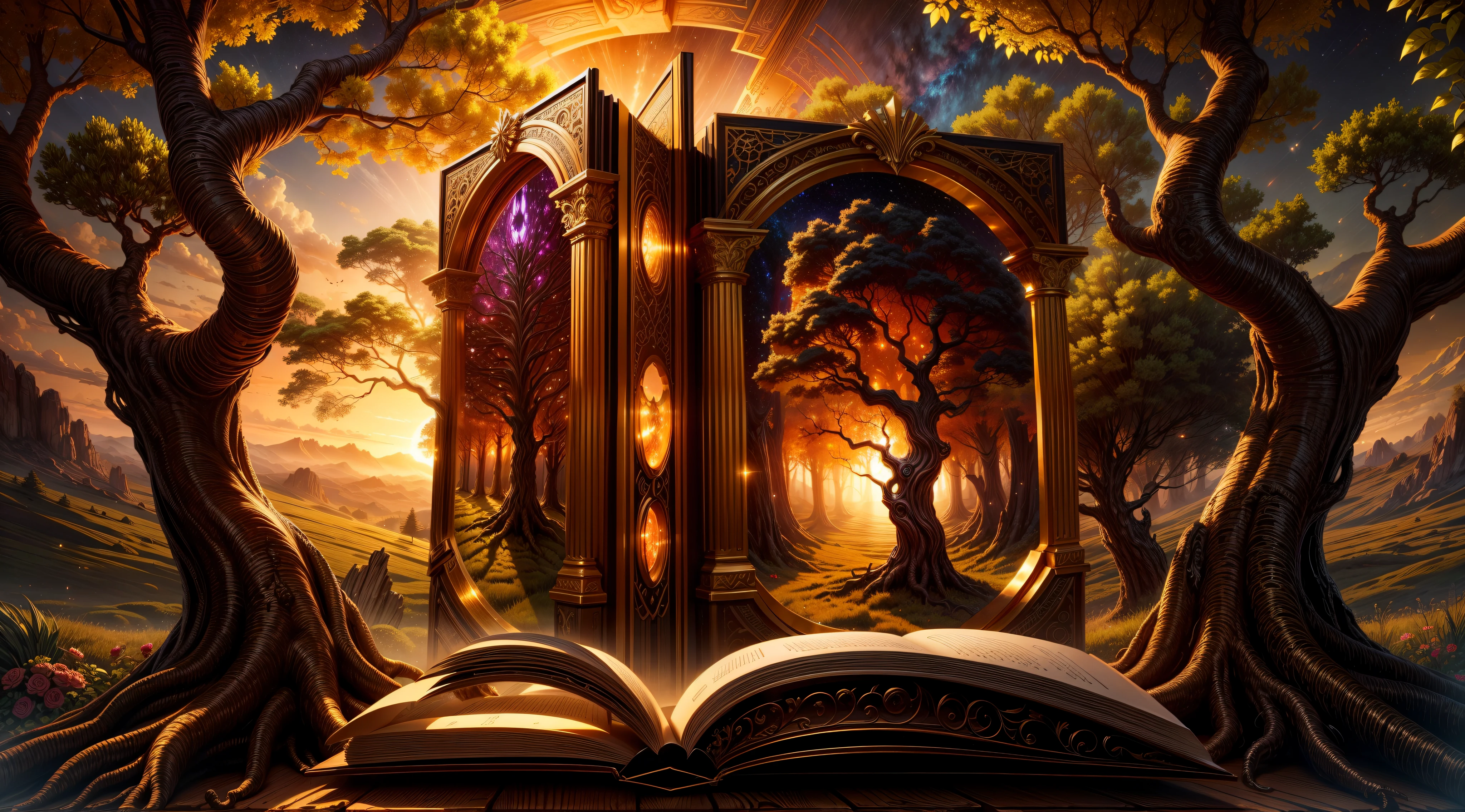 Chronos Portal, tree, galaxy, reading golden ornate book, evening, glow, sunset