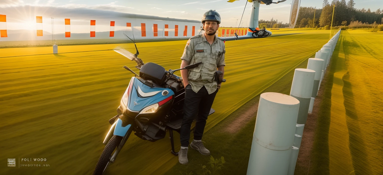 there is a man standing next to a helicopter on the field, without helmet, standing in field, on a field, 8k picture, realistic , very artistic pose, touring, in city field, very accurate photo.