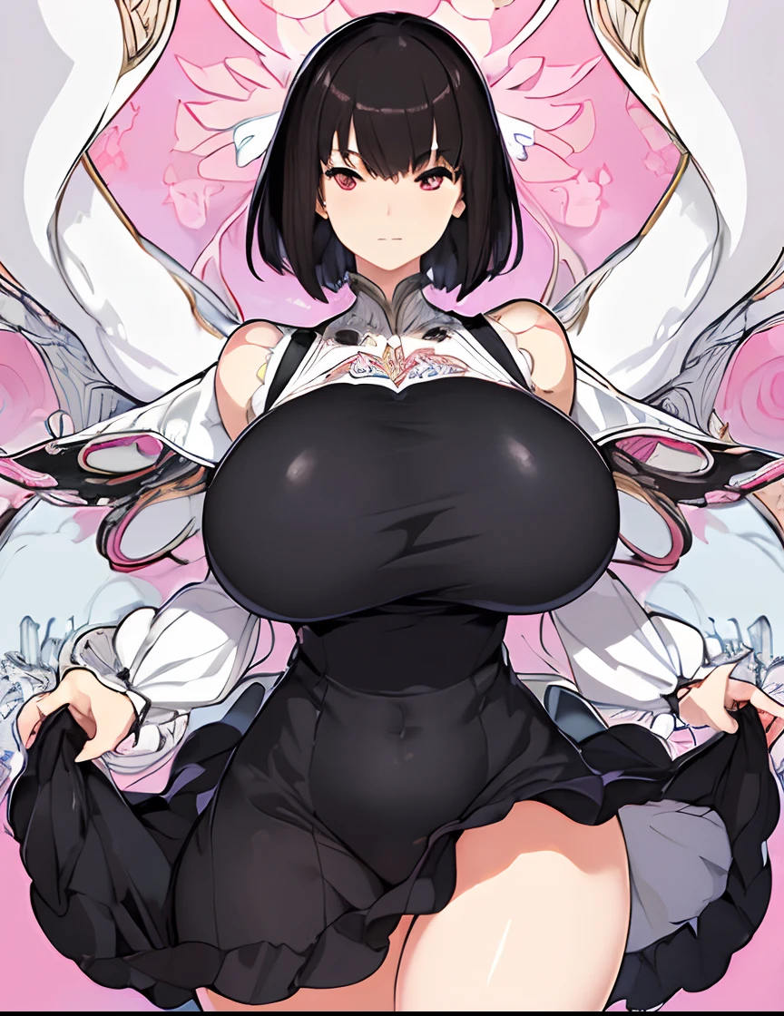 (((masterpiece))),(((bestquality))),((ultra-detailed)),(illustration),((anextremelydelicateandbeautiful)),dynamicangle,floating,(beautifuldetailedeyes),(detailedlight) (1girl), solo, floating_hair,glowingeyes, short black hair, pinkeyes, halterdress, pink background, ((huge breasts)), ((wide hips)), short hair, ((best quality)), ((high quality))