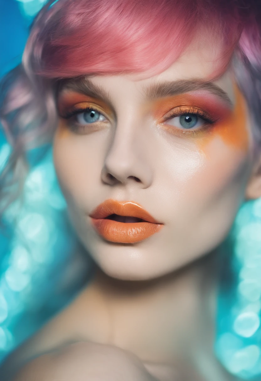 35mm, Neon, analog photo, dinamic lighting, chiaroscuro, hyper realisitc, luminism, HD, very detail. Colorful gradients. Gradient glow. Avant-garde make-up. Orange-violet-green lights. A woman's skin is multicolored in a beautiful glow. Gradients on the face. Gradient lights on the skin. easy flowering,. Black background. haze. Ugly woman in bodysuit with tiger skin pattern. Awkward look. Tiger fur on fabric. Very small black hat. extremely short hair. pale blue skin. long neck. Slim hose. Wide-set eyes. Half-turn. darkness. mood. haze. Model. Avant-garde make-up. tilt of head. eye to eye contact. blue eyes. Beautiful glow. Very small black coat. Slim. Many places. Very detailed face. (high skin detail:1.2). Film grain. an album cover. magazine cover.