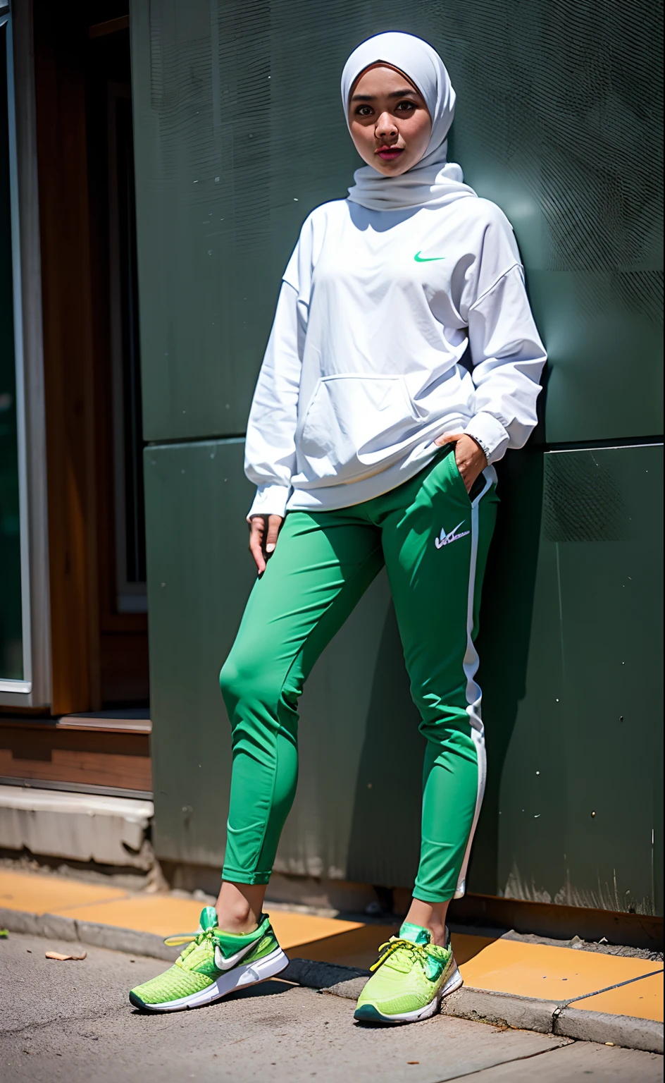 1 malay girl in hijab, she wearing white shirt and green pants, casual clothes, wearing green nike shoes, 22 years old, scary face, adult face, 4k style, realistic, crowded,