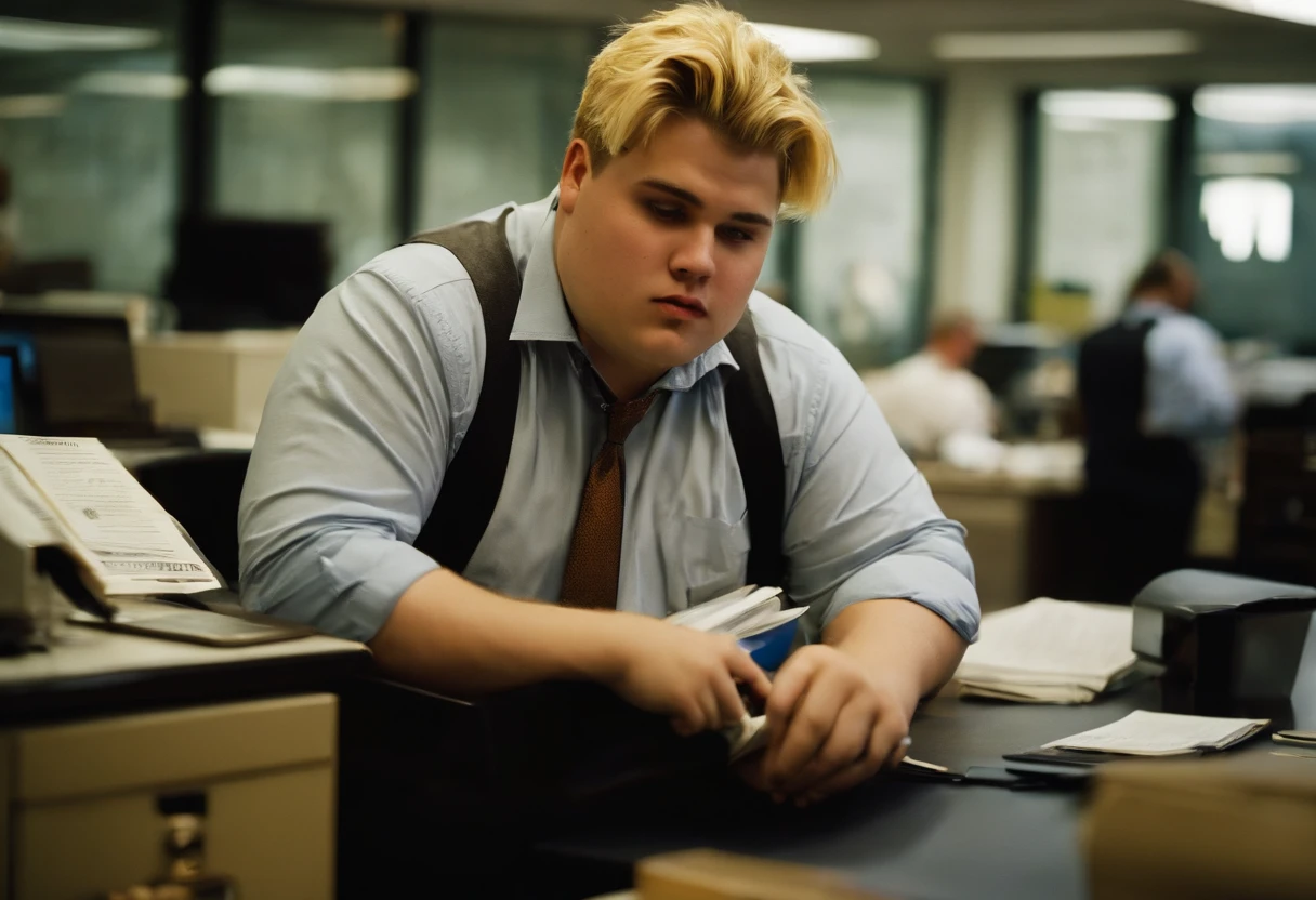 big fat man, 21 year old, short spiky hair, blonde, busy news office, new york city, Photojournalism, 35mm, Depth of Field, Materiality