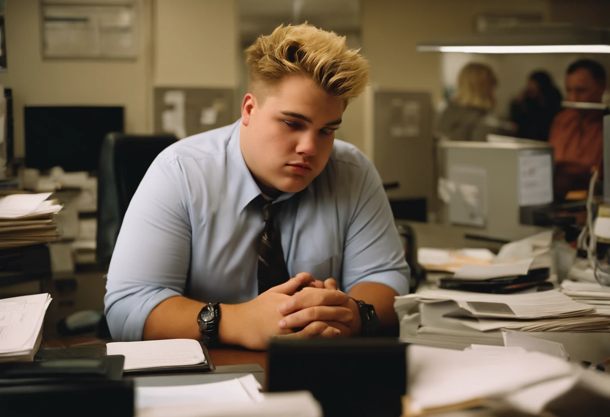 big fat man, 21 year old, short spiky hair, blonde, busy news office, new york city, Photojournalism, 35mm, Depth of Field, Materiality