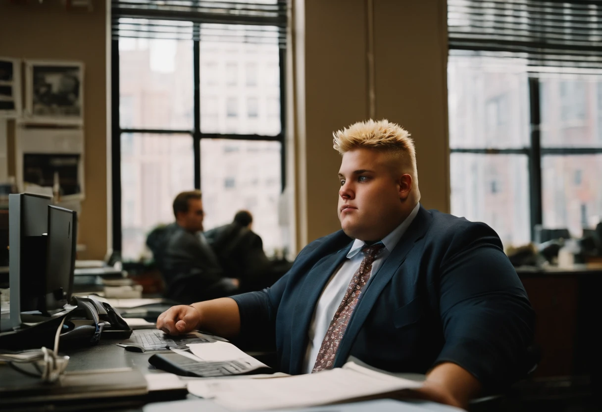 big fat man, 21 year old, short spiky hair, blonde, busy news office, new york city, Photojournalism, 35mm, Depth of Field, Materiality