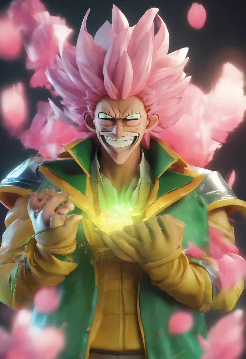 Garoto, agachado, olhos verdes (extremamente brilhantes e detalhados), dentro de uma floresta escura e com um sorriso debochado estilo Donquixote Doflamingo
