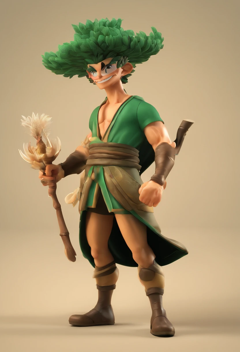 Garoto, agachado, olhos verdes (extremamente brilhantes e detalhados), dentro de uma floresta escura e com um sorriso debochado estilo Donquixote Doflamingo