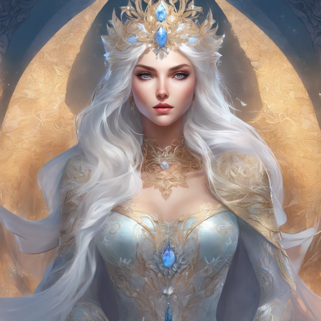 (best quality), (best illustration), (best shading), (detailed face), superpowers, ice witch queen, ice powers , the girl with superpowers, (detailed hair description), (detailed facial description), (detailed body description), clear and translucent skin, incomparable beauty, long legs, ice hands, beautiful woman, fantasy world, white hair, cruel expression, Curvy, thin waist, wide hips, lace, lace trim, prestige, beautiful, luxury, royal ice palace, gem, gold, silver, diamond, brilliant, sapphire, obsidian, dark background, mountains