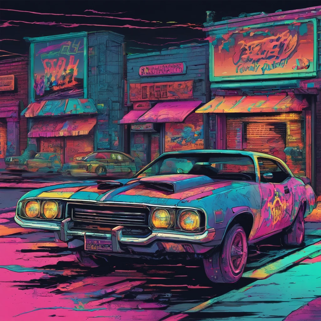 colorful muscle car, greyed out dystopian city, blowing colors out of its tailpipe, give color back to the city, illustration, ultra-detailed, realistic, vibrant colors, studio lighting, urban landscape, high-res, HDR, dynamic lighting, smoke, smog, abandoned buildings, graffiti, cyberpunk aesthetics, neon lights, futuristic technology, rain-soaked streets, shadows, reflection, speed, motion blur, intensity, urban decay, steel, concrete, asphalt, darkness, contrast, heat haze, shining surfaces