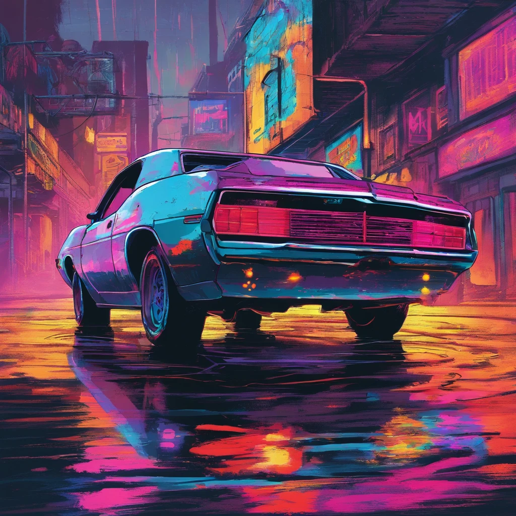 colorful muscle car, greyed out dystopian city, blowing colors out of its tailpipe, give color back to the city, illustration, ultra-detailed, realistic, vibrant colors, studio lighting, urban landscape, high-res, HDR, dynamic lighting, smoke, smog, abandoned buildings, graffiti, cyberpunk aesthetics, neon lights, futuristic technology, rain-soaked streets, shadows, reflection, speed, motion blur, intensity, urban decay, steel, concrete, asphalt, darkness, contrast, heat haze, shining surfaces