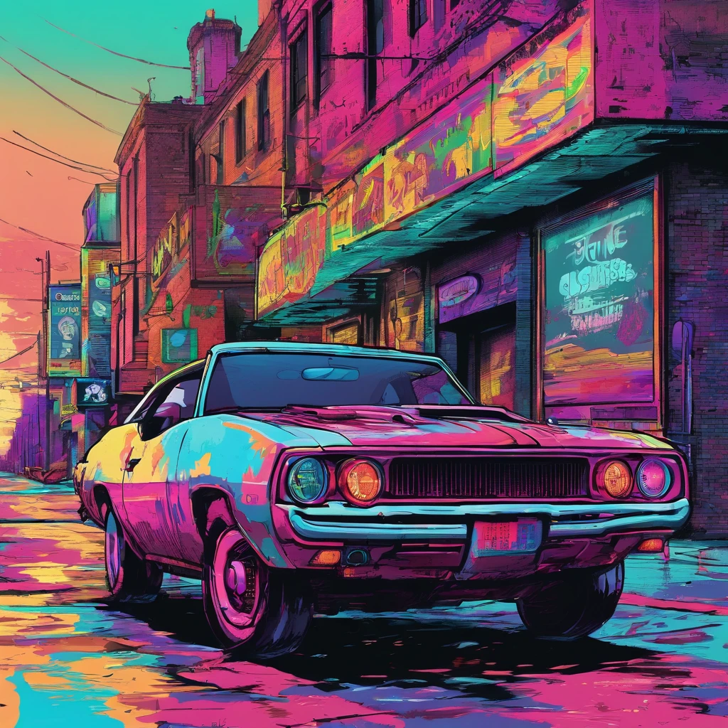 colorful muscle car, greyed out dystopian city, blowing colors out of its tailpipe, give color back to the city, illustration, ultra-detailed, realistic, vibrant colors, studio lighting, urban landscape, high-res, HDR, dynamic lighting, smoke, smog, abandoned buildings, graffiti, cyberpunk aesthetics, neon lights, futuristic technology, rain-soaked streets, shadows, reflection, speed, motion blur, intensity, urban decay, steel, concrete, asphalt, darkness, contrast, heat haze, shining surfaces