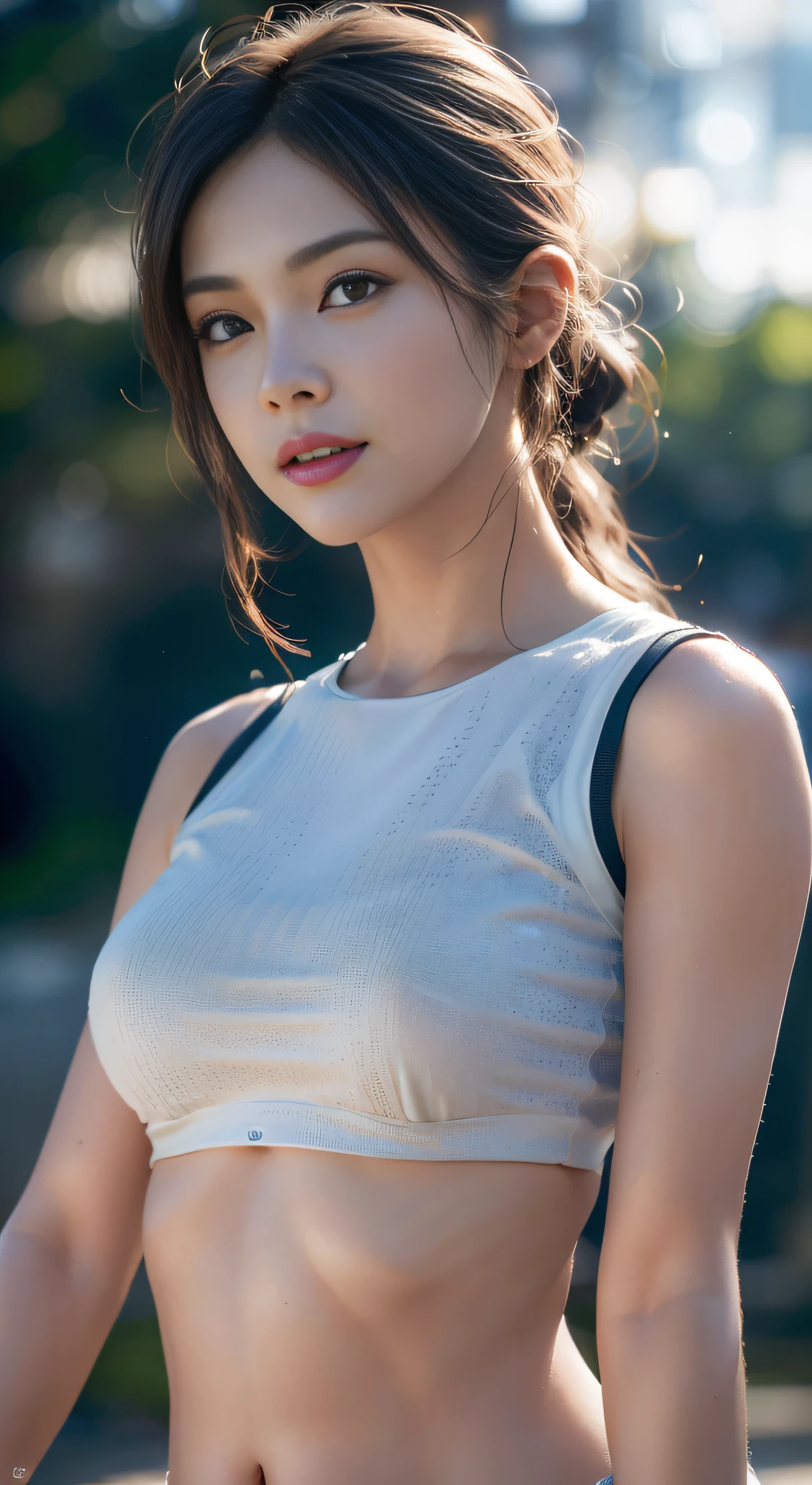 dressed, (photo realistic:1.4), (hyper realistic:1.4), (realistic:1.3),
(smoother lighting:1.05), (increase cinematic lighting quality:0.9), 32K,
1girl,20yo girl, realistic lighting, backlighting, light on face, ray trace, (brightening light:1.2), (Increase quality:1.4),
(best quality real texture skin:1.4), finely detailed eyes, finely detailed face,
(tired and sleepy and joy), (laugh:0), face closeup, t-shirts,
(Increase body line mood:1.1), (Increase skin texture beauty:1.1)