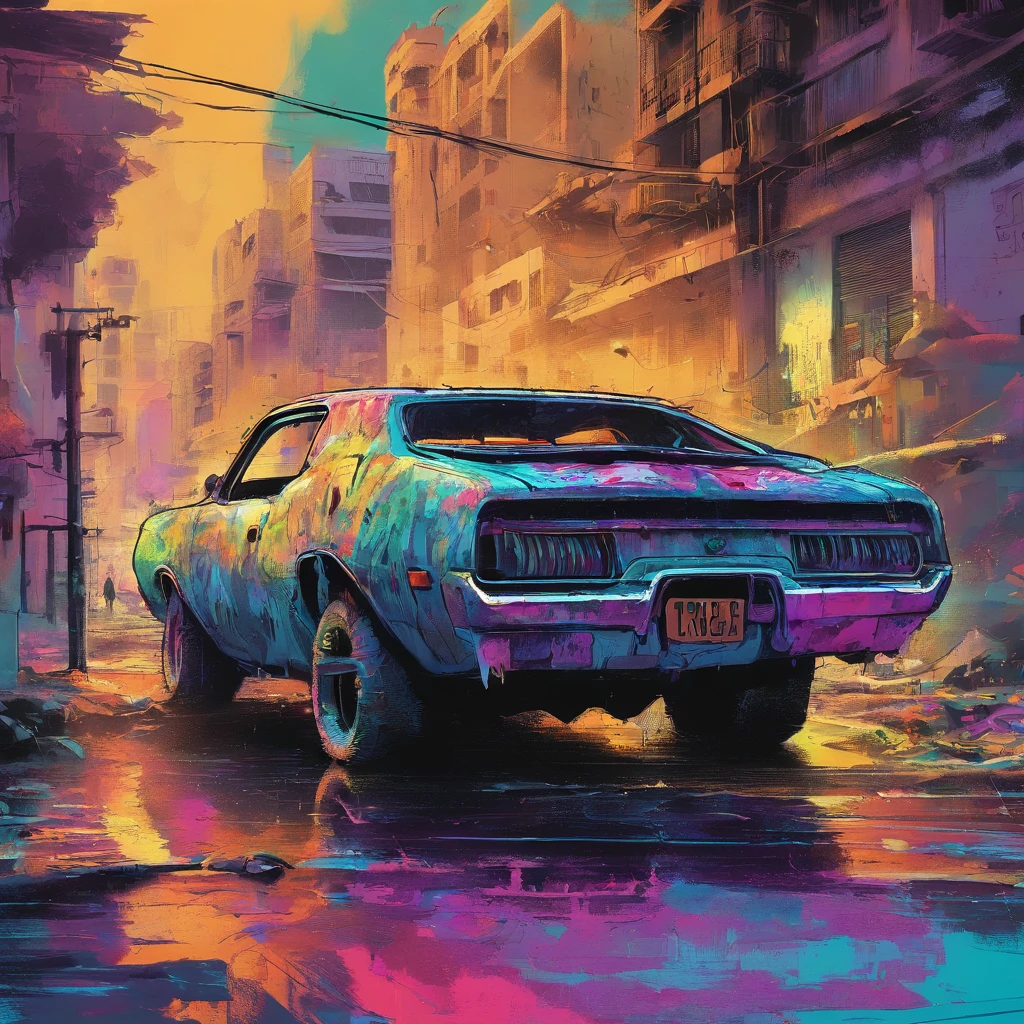 colorful muscle car, greyed out dystopian city, blowing colors out of its tailpipe, give color back to the city, illustration, ultra-detailed, realistic, vibrant colors, studio lighting, urban landscape, high-res, HDR, dynamic lighting, smoke, smog, abandoned buildings, graffiti, cyberpunk aesthetics, neon lights, futuristic technology, rain-soaked streets, shadows, reflection, speed, motion blur, intensity, urban decay, steel, concrete, asphalt, darkness, contrast, heat haze, shining surfaces