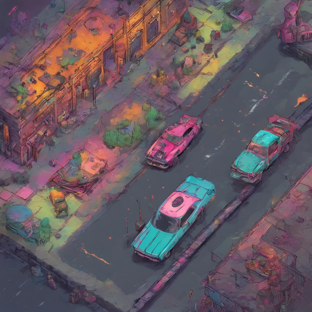 colorful muscle car, greyed out dystopian city, blowing colors out of its tailpipe, give color back to the city, illustration, ultra-detailed, realistic, vibrant colors, studio lighting, urban landscape, high-res, HDR, dynamic lighting, smoke, smog, abandoned buildings, graffiti, cyberpunk aesthetics, neon lights, futuristic technology, rain-soaked streets, shadows, reflection, speed, motion blur, intensity, urban decay, steel, concrete, asphalt, darkness, contrast, heat haze, shining surfaces