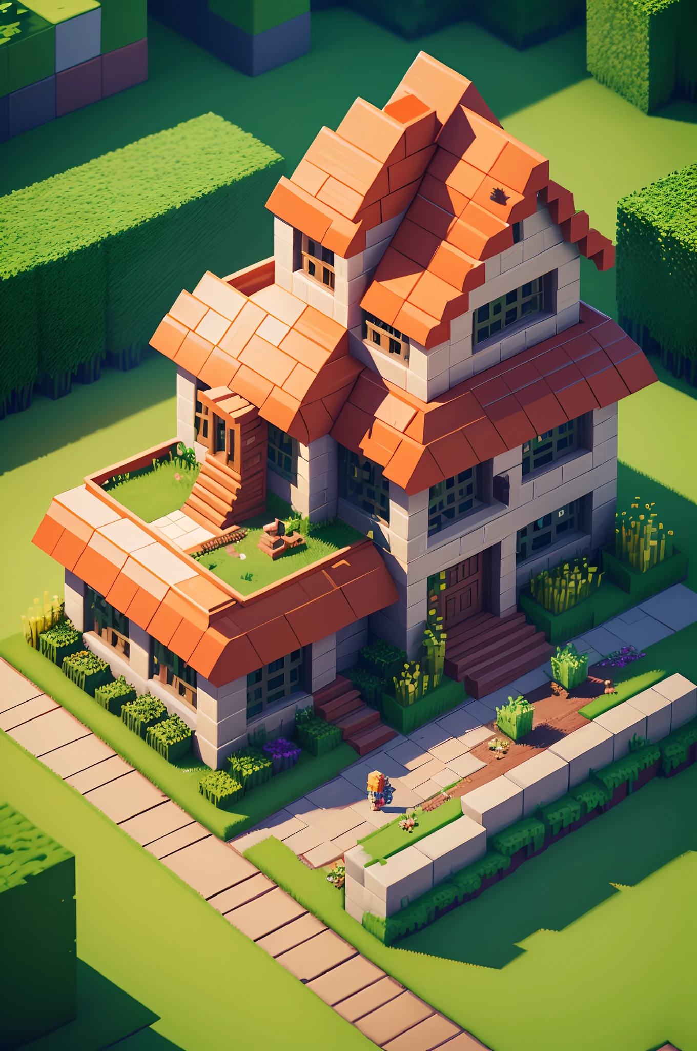 A girl constructing a house in Minecraft, detailed brickwork, colorful pixel art, beautifully textured blocks, lush green grass, vibrant flowers, natural sunlight, realistic shadows, high resolution for a masterpiece:1.2, vivid colors, intricate details, 3D rendering, immersive gaming experience, atmospheric lighting, enchanting ambiance.