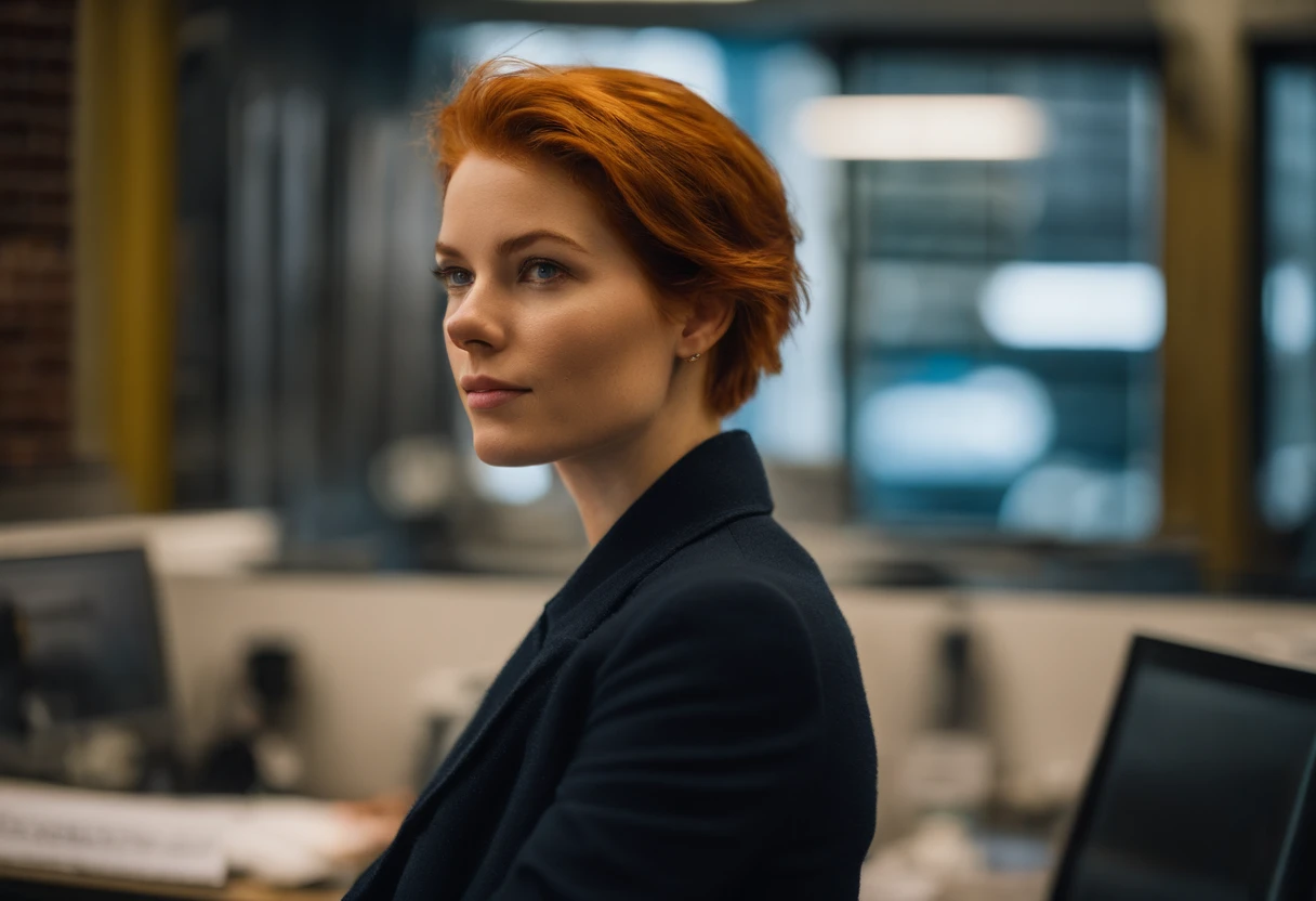 beautiful young woman, 28 year old, short messy hair, ginger hair, floppy hair, straight hair, busy news office, new york city, Photojournalism, 35mm, Depth of Field, Materiality