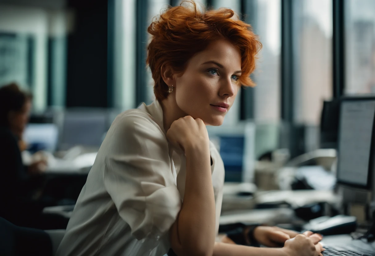 beautiful young woman, 28 year old, short messy hair, ginger hair, floppy hair, straight hair, busy news office, new york city, Photojournalism, 35mm, Depth of Field, Materiality