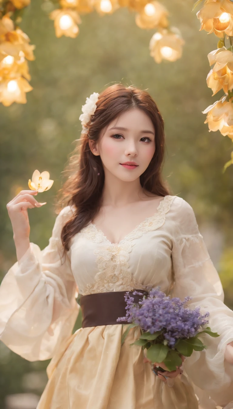best quality, masterpiece, highres, (exquisite body:1.5),gorgeous face, (milky skin:1.3), intricate details, high resolution, wallpaper, 1girl, solo, dress, hair ornament, flowers, long hair, black hair, smile, jewelry, short sleeves, hand up, big eyes, sexy ass, behind, schoolgirl uniform, mini skirt, natural pose, falling petals, indoor, fanning, lantern, 16K, HDR, depth field, (film grain:1.1), boken, golden hour, (lens flare), vignette, rainbowing, (color grading:1.5)