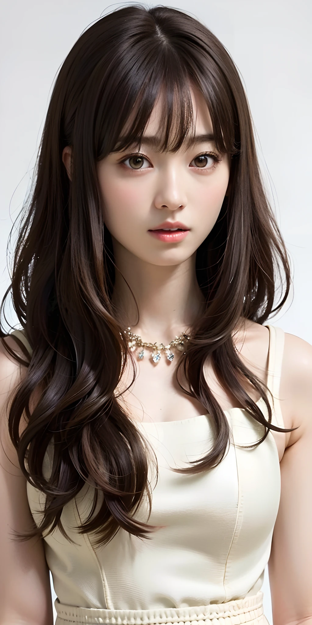 light brown hair、semi long hair、Loose and fluffy perm、Brown eyebrows、1人、black backgrounds、full body Esbian、astonished face、I'm startled and open my mouth、(8K、Raw photography、top-quality、masterpiece:1.2)、(realisitic、photoRealstic:1.37)、Star-shaped necklace、I'm wearing a dress、Floral dress on white background、