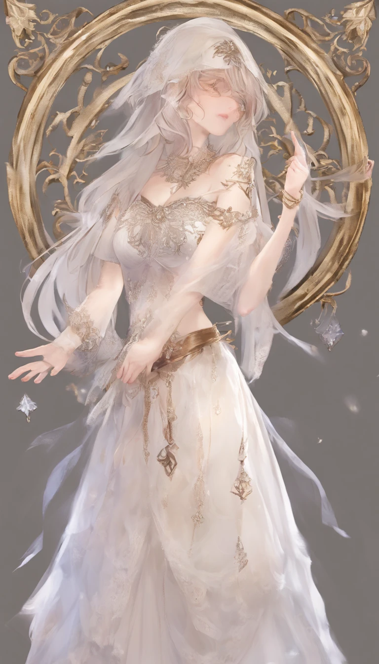 (absurderes,A high resolution,ultra - detailed), offcial art, Unity 8k壁纸, Ultra-detailed, aestheticly pleasing, tmasterpiece, best qualityer,long skirt,slender girl,Wear a tulle dress with shimmering broken diamonds,With a hood,Hood head,The material of the clothes is very light,Gaia style,The clothes are wrapped with auspicious cloud patterns(Full body like),Vivid expressions