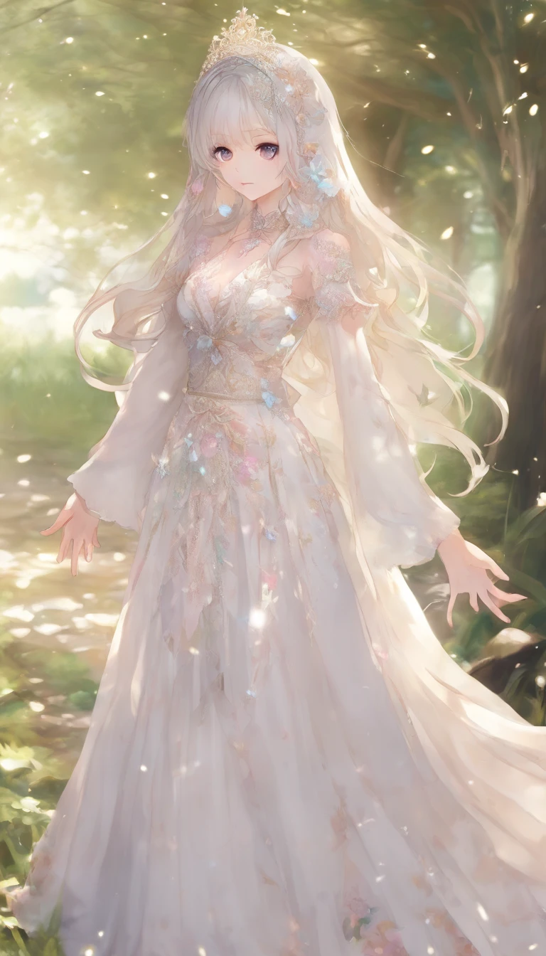 (absurderes,A high resolution,ultra - detailed), offcial art, Unity 8k壁纸, Ultra-detailed, aestheticly pleasing, tmasterpiece, best qualityer,long skirt,slender girl,Wear a tulle dress with shimmering broken diamonds,With a hood,Hood head,The material of the clothes is very light,Gaia style,The clothes are wrapped with auspicious cloud patterns(Full body like),Vivid expressions