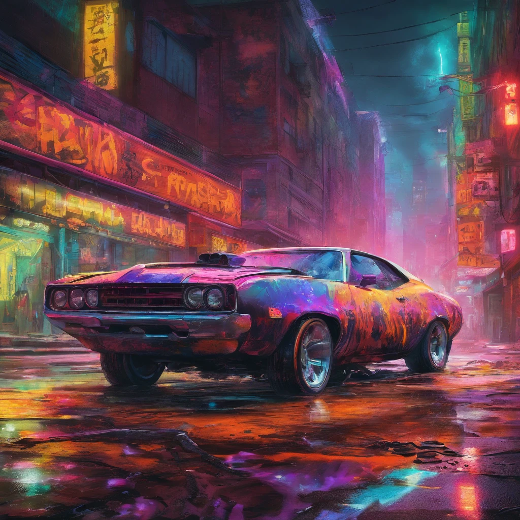 colorful muscle car, greyed out dystopian city, blowing colors out of its tailpipe, give color back to the city, illustration, ultra-detailed, realistic, vibrant colors, studio lighting, urban landscape, high-res, HDR, dynamic lighting, smoke, smog, abandoned buildings, graffiti, cyberpunk aesthetics, neon lights, futuristic technology, rain-soaked streets, shadows, reflection, speed, motion blur, intensity, urban decay, steel, concrete, asphalt, darkness, contrast, heat haze, shining surfaces