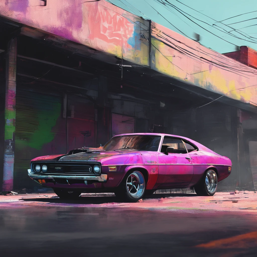 colorful muscle car, greyed out dystopian city, blowing colors out of its tailpipe, give color back to the city, illustration, ultra-detailed, realistic, vibrant colors, studio lighting, urban landscape, high-res, HDR, dynamic lighting, smoke, smog, abandoned buildings, graffiti, cyberpunk aesthetics, neon lights, futuristic technology, rain-soaked streets, shadows, reflection, speed, motion blur, intensity, urban decay, steel, concrete, asphalt, darkness, contrast, heat haze, shining surfaces