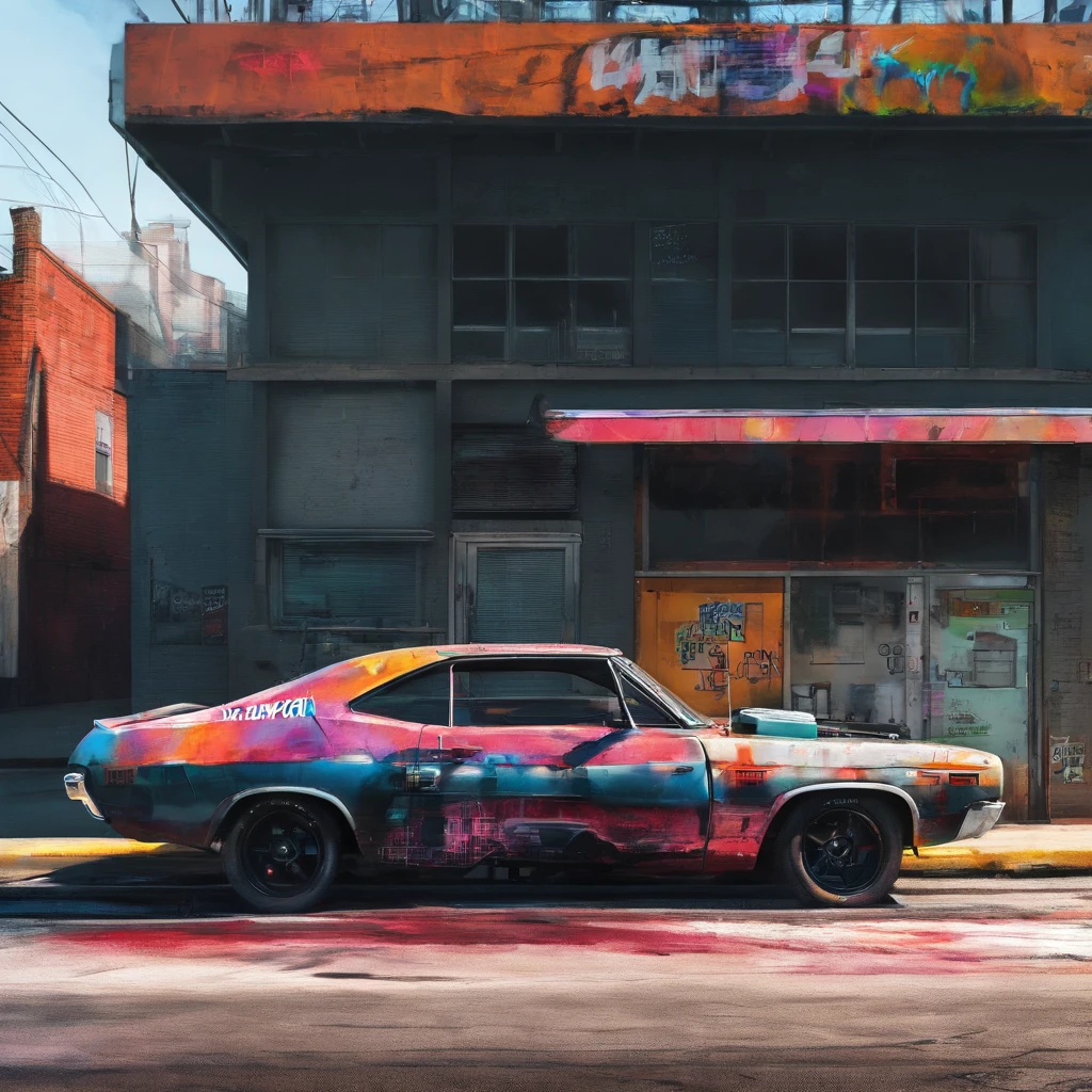 colorful muscle car, greyed out dystopian city, blowing colors out of its tailpipe, give color back to the city, illustration, ultra-detailed, realistic, vibrant colors, studio lighting, urban landscape, high-res, HDR, dynamic lighting, smoke, smog, abandoned buildings, graffiti, cyberpunk aesthetics, neon lights, futuristic technology, rain-soaked streets, shadows, reflection, speed, motion blur, intensity, urban decay, steel, concrete, asphalt, darkness, contrast, heat haze, shining surfaces