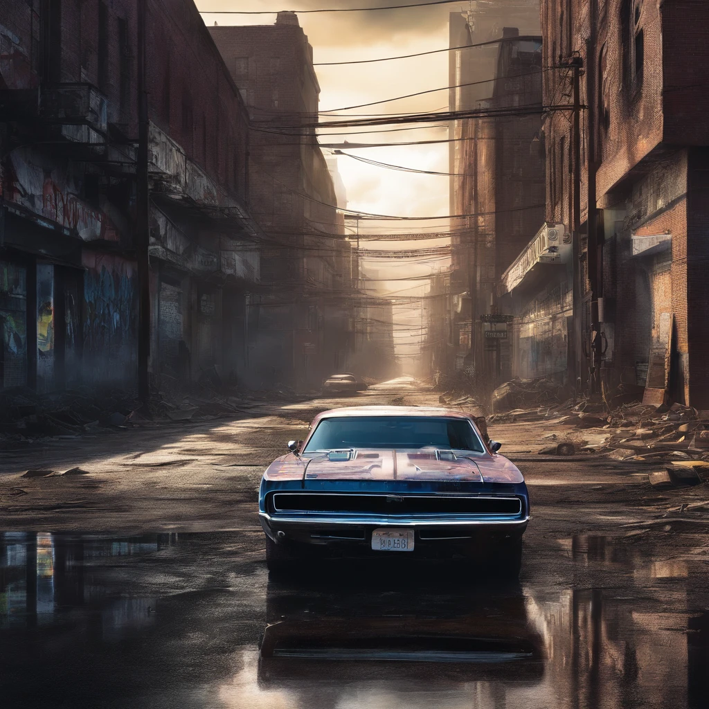 colorful muscle car, greyed out dystopian city, blowing colors out of its tailpipe, give color back to the city, illustration, ultra-detailed, realistic, vibrant colors, studio lighting, urban landscape, high-res, HDR, dynamic lighting, smoke, smog, abandoned buildings, graffiti, cyberpunk aesthetics, neon lights, futuristic technology, rain-soaked streets, shadows, reflection, speed, motion blur, intensity, urban decay, steel, concrete, asphalt, darkness, contrast, heat haze, shining surfaces