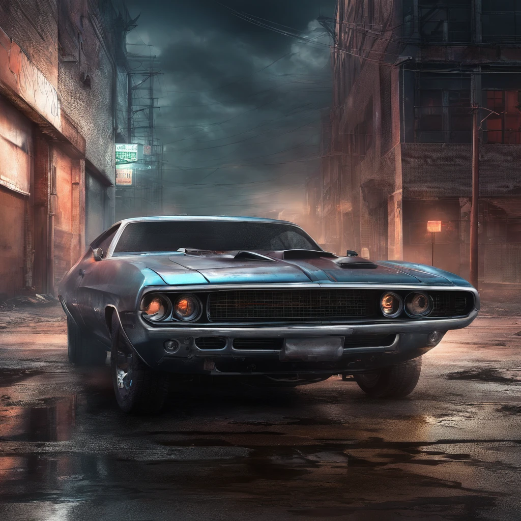 colorful muscle car, greyed out dystopian city, blowing colors out of its tailpipe, give color back to the city, illustration, ultra-detailed, realistic, vibrant colors, studio lighting, urban landscape, high-res, HDR, dynamic lighting, smoke, smog, abandoned buildings, graffiti, cyberpunk aesthetics, neon lights, futuristic technology, rain-soaked streets, shadows, reflection, speed, motion blur, intensity, urban decay, steel, concrete, asphalt, darkness, contrast, heat haze, shining surfaces