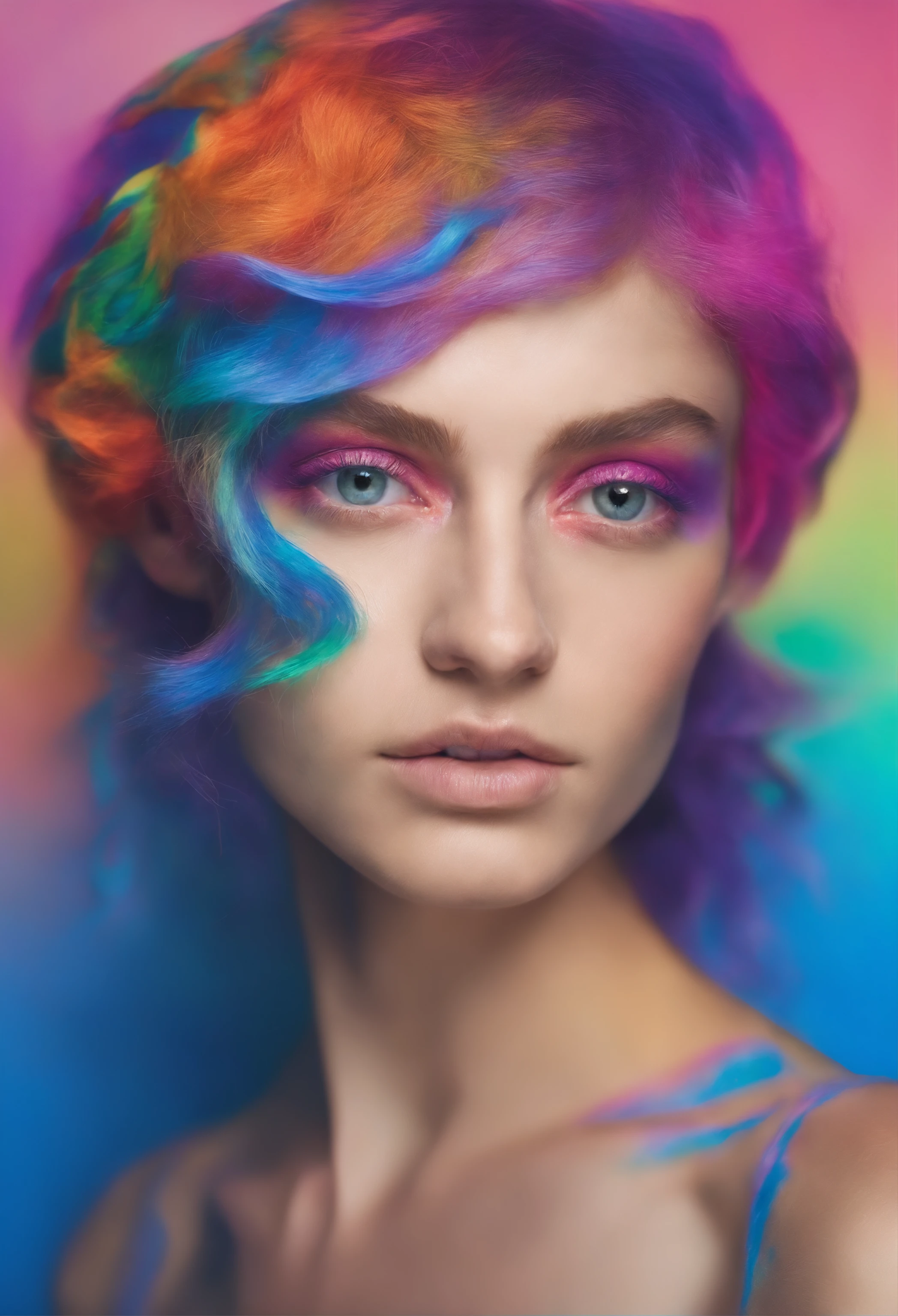35mm, Neon, analog photo, dinamic lighting, chiaroscuro, hyper realisitc, luminism, HD, very detail. Colorful gradients. Gradient glow. Avant-garde make-up. Orange-violet-green lights. A woman's skin is multicolored in a beautiful glow. Gradients on the face. Gradient lights on the skin. easy flowering,. Black background. haze. Ugly woman in bodysuit with tiger skin pattern. Awkward look. Tiger fur on fabric. Very small black hat. extremely short hair. pale blue skin. long neck. Slim hose. Wide-set eyes. Half-turn. darkness. mood. haze. Model. Avant-garde make-up. tilt of head. eye to eye contact. blue eyes. Beautiful glow. Very small black coat. Slim. Many places. Very detailed face. (high skin detail:1.2). Film grain. an album cover. magazine cover.