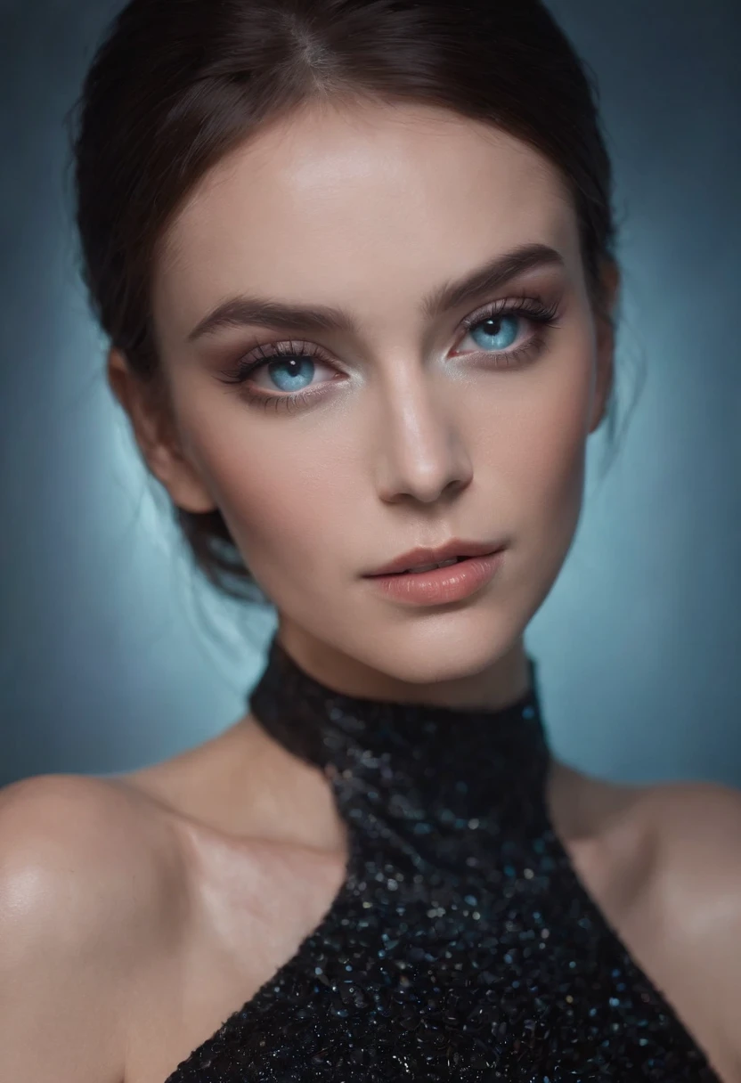 35mm, Neon, analog photo, dinamic lighting, chiaroscuro, hyper realisitc, luminism, HD, very detail. Colorful gradients. Gradient glow. Avant-garde make-up. Orange-violet-green lights. A woman's skin is multicolored in a beautiful glow. Gradients on the face. Gradient lights on the skin. easy flowering,. Black background. haze. Ugly woman in bodysuit with tiger skin pattern. Awkward look. Tiger fur on fabric. Very small black hat. extremely short hair. pale blue skin. long neck. Slim hose. Wide-set eyes. Half-turn. darkness. mood. haze. Model. Avant-garde make-up. tilt of head. eye to eye contact. blue eyes. Beautiful glow. Very small black coat. Slim. Many places. Very detailed face. (high skin detail:1.2). Film grain. an album cover. magazine cover.