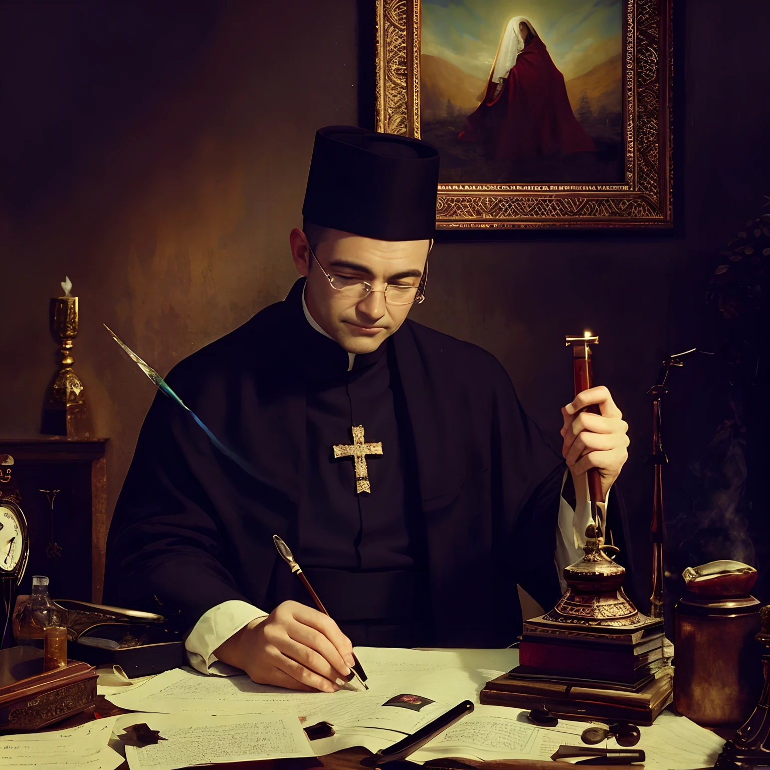 Arafed man in a black cleric's robe writing on a paper, Monge ucraniano, Santo ortodoxo, Directed by: Aleksandr Gerasimov, inspirado em Matthias Stom, Directed by: Artur Tarnowski, Directed by: Wojciech Gerson, Cyberpunk ortodoxo, Directed by: Ihor Podolchak, Directed by: Julian Fałat, Directed by: Hristofor Zhefarovich