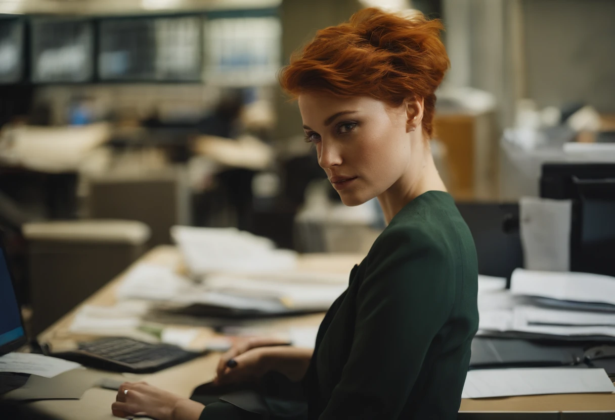 beautiful young woman, 28 year old, short messy hair, ginger hair, floppy hair, straight hair, busy news office, new york city, Photojournalism, 35mm, Depth of Field, Materiality