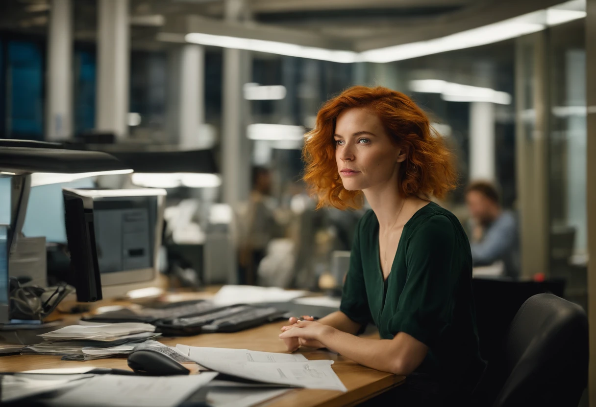beautiful young woman, 28 year old, short messy hair, ginger hair, floppy hair, straight hair,  busy news office, new york city, Photojournalism, 35mm, Depth of Field, Materiality