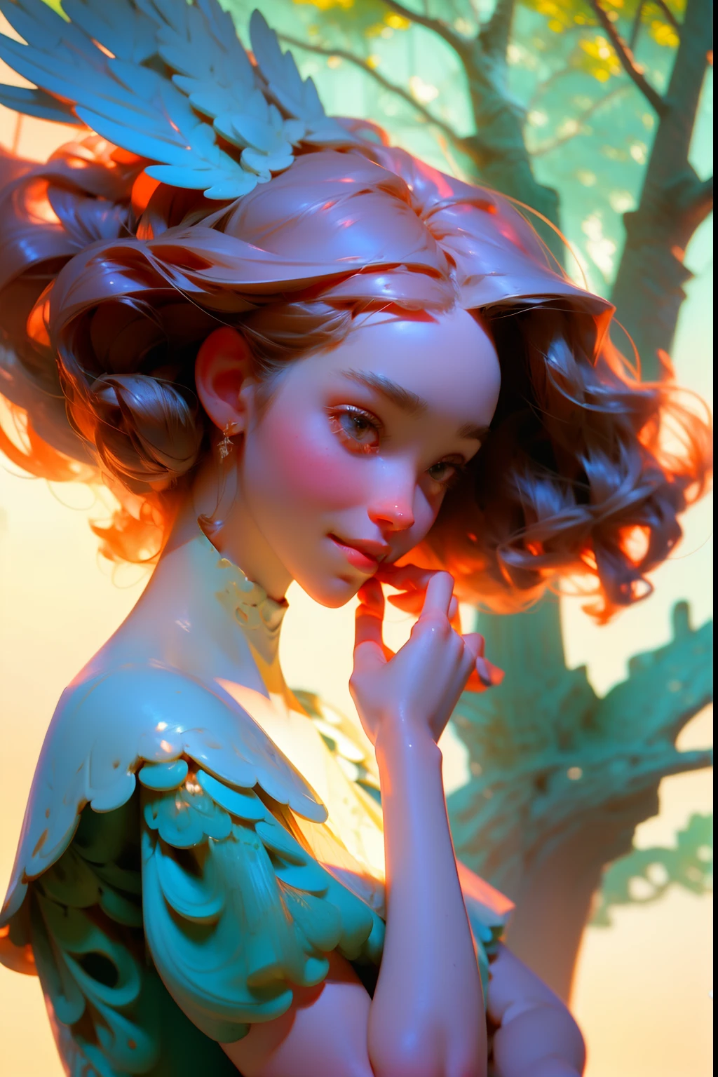 A beautiful smiling woman in a forest, with a bird perched on her finger, background is summertime forest, mood is delicate, gentle, loving, happy, daytime light, character design.