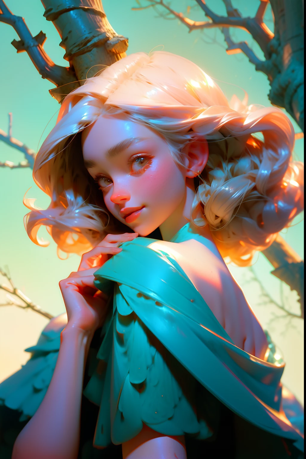 A beautiful smiling woman in a forest, with a bird perched on her finger, background is summertime forest, mood is delicate, gentle, loving, happy, daytime light, character design.