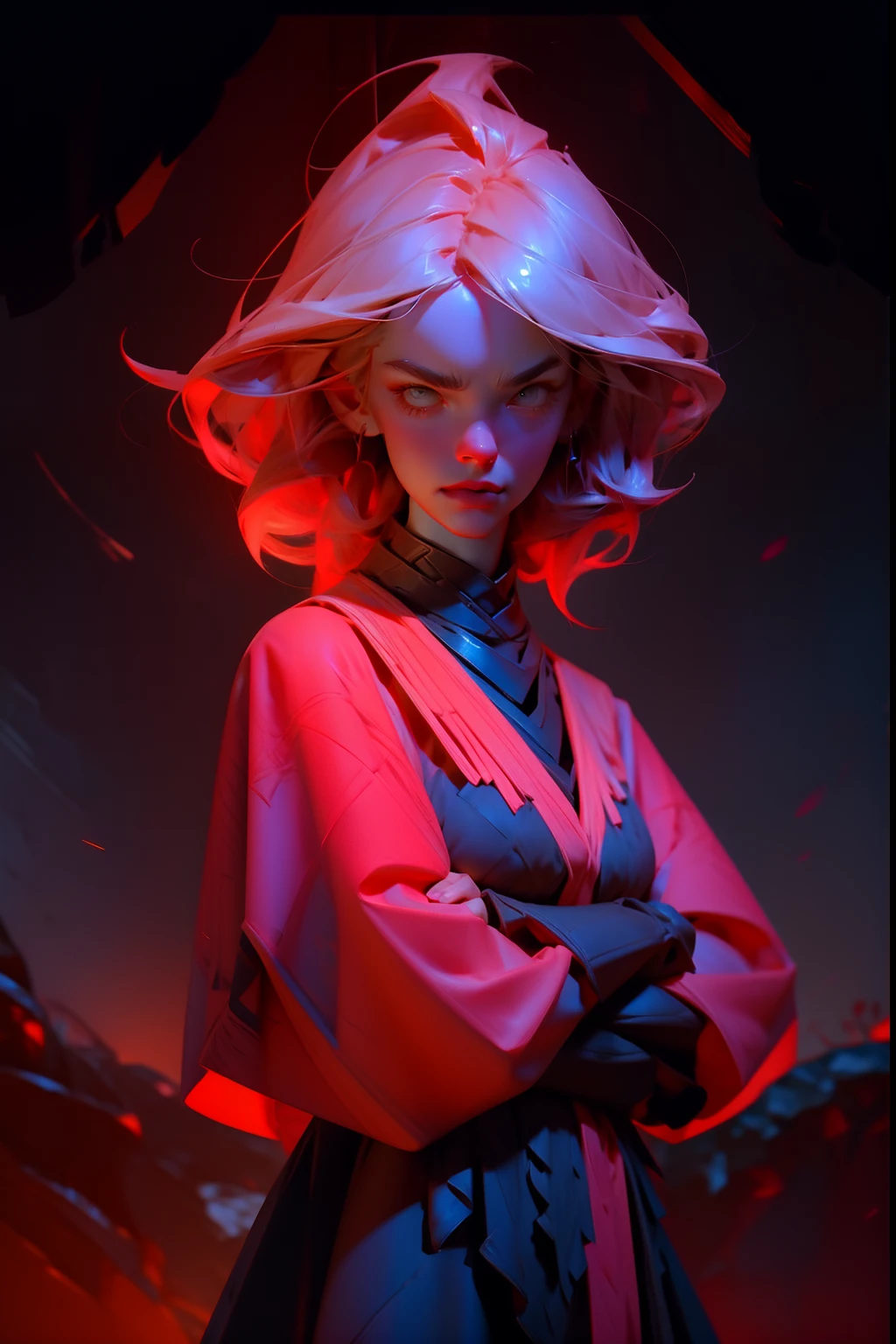 A mean, angry woman with crossed arms blocking a pathway in the woods, background is dark autumn sky, mood is hindering, obstruction, obscuring discord, character design.