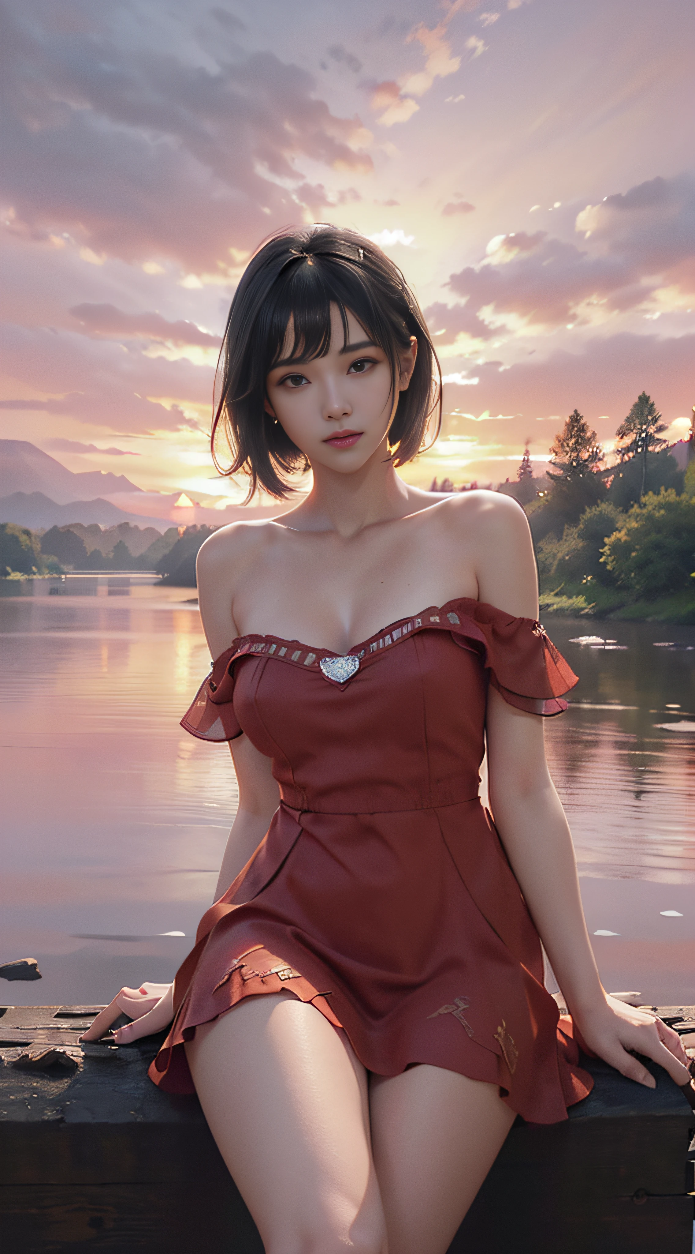 Photorealistic Photo: A stunning photograph captured during the golden hour, showcasing a girl draped in silk by the pool's edge on a magical world, with the planet's surreal landscape reflected in the calm waters.