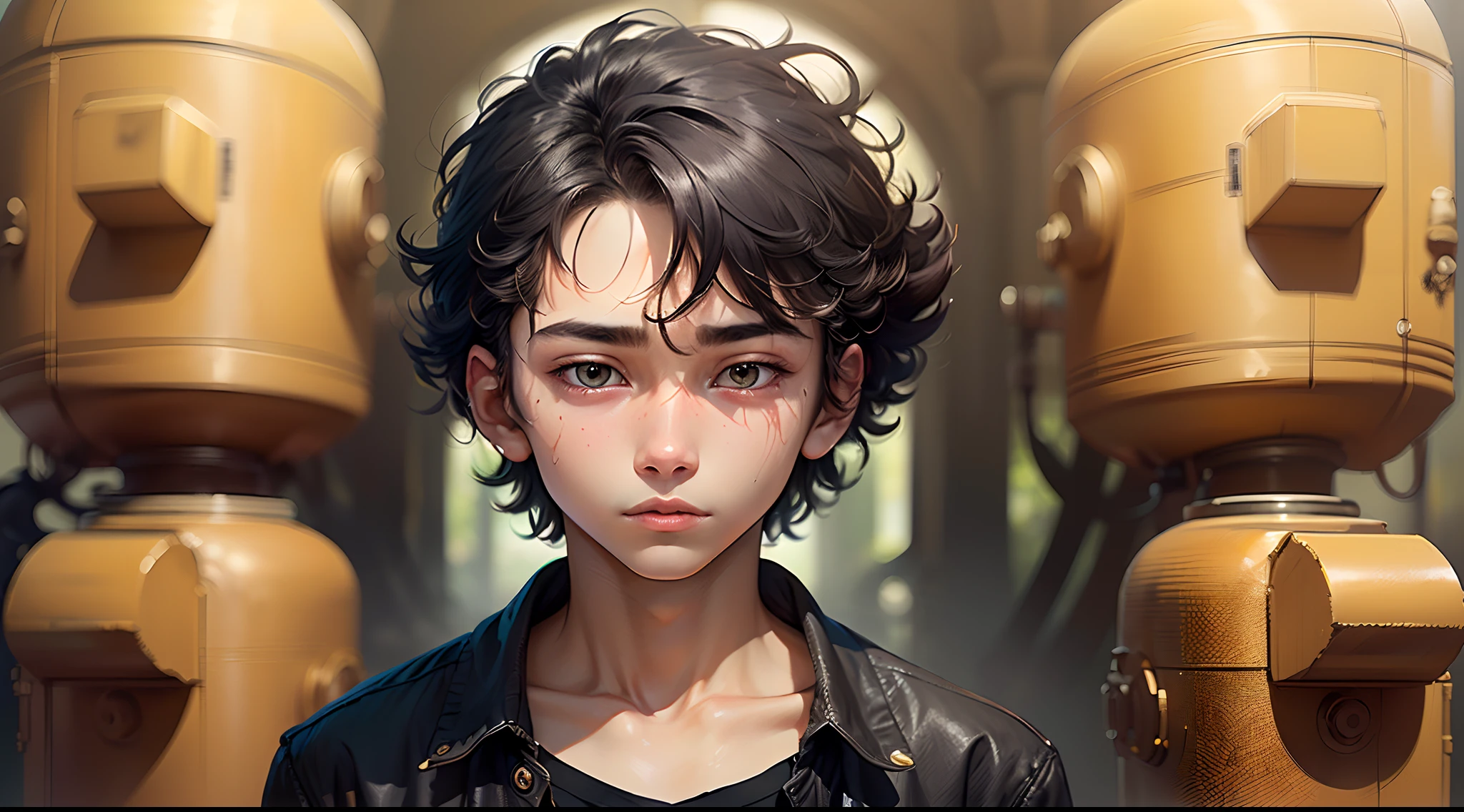 A young man of , with black disheveled hair, cute face, boxy face, and black eyes.